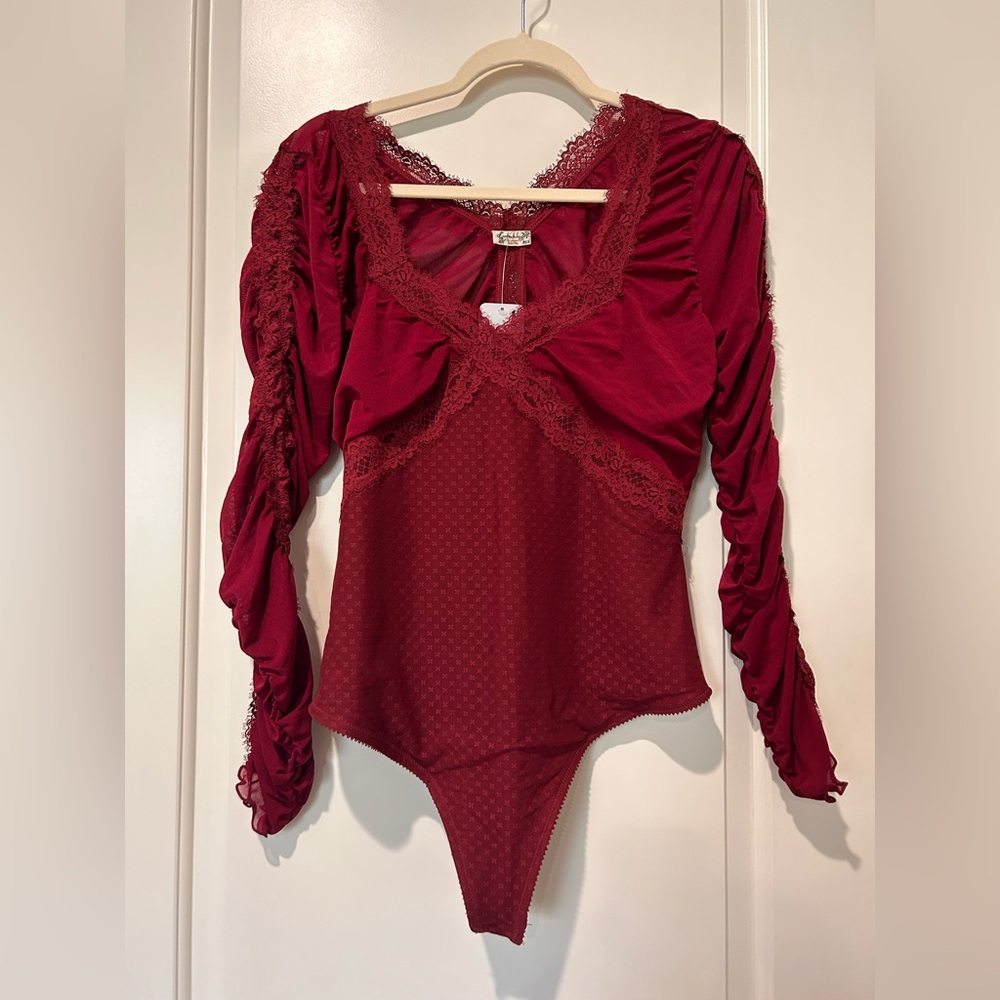 Free People Burgundy Lace-Trim Long Sleeve Bodysuit